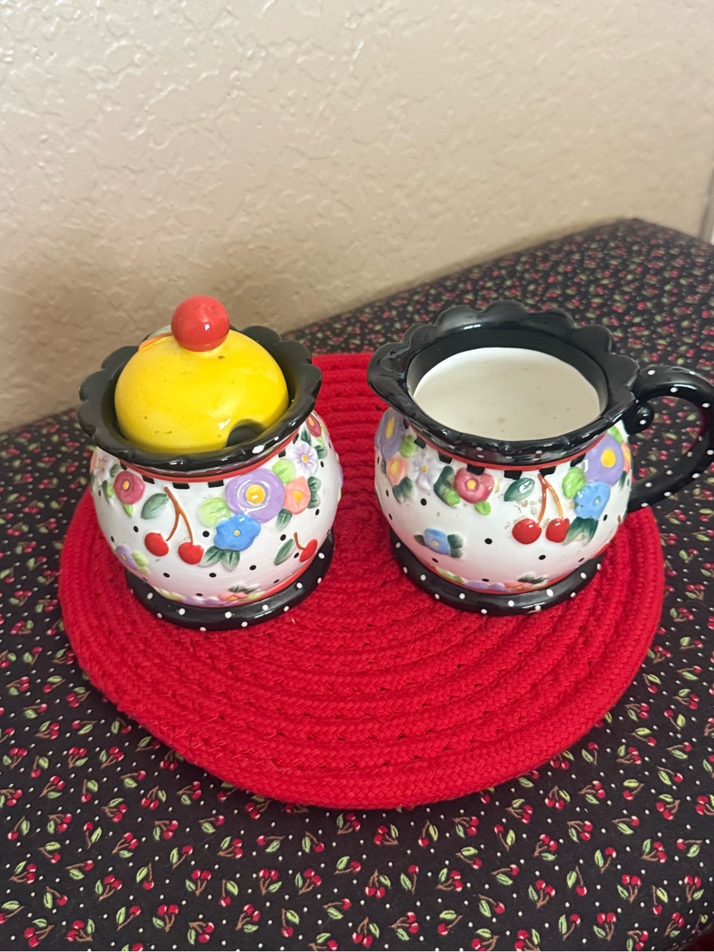 Vintage Mary Engelbreit Floral Cherry Creamer and Sugar Set - No Spoon